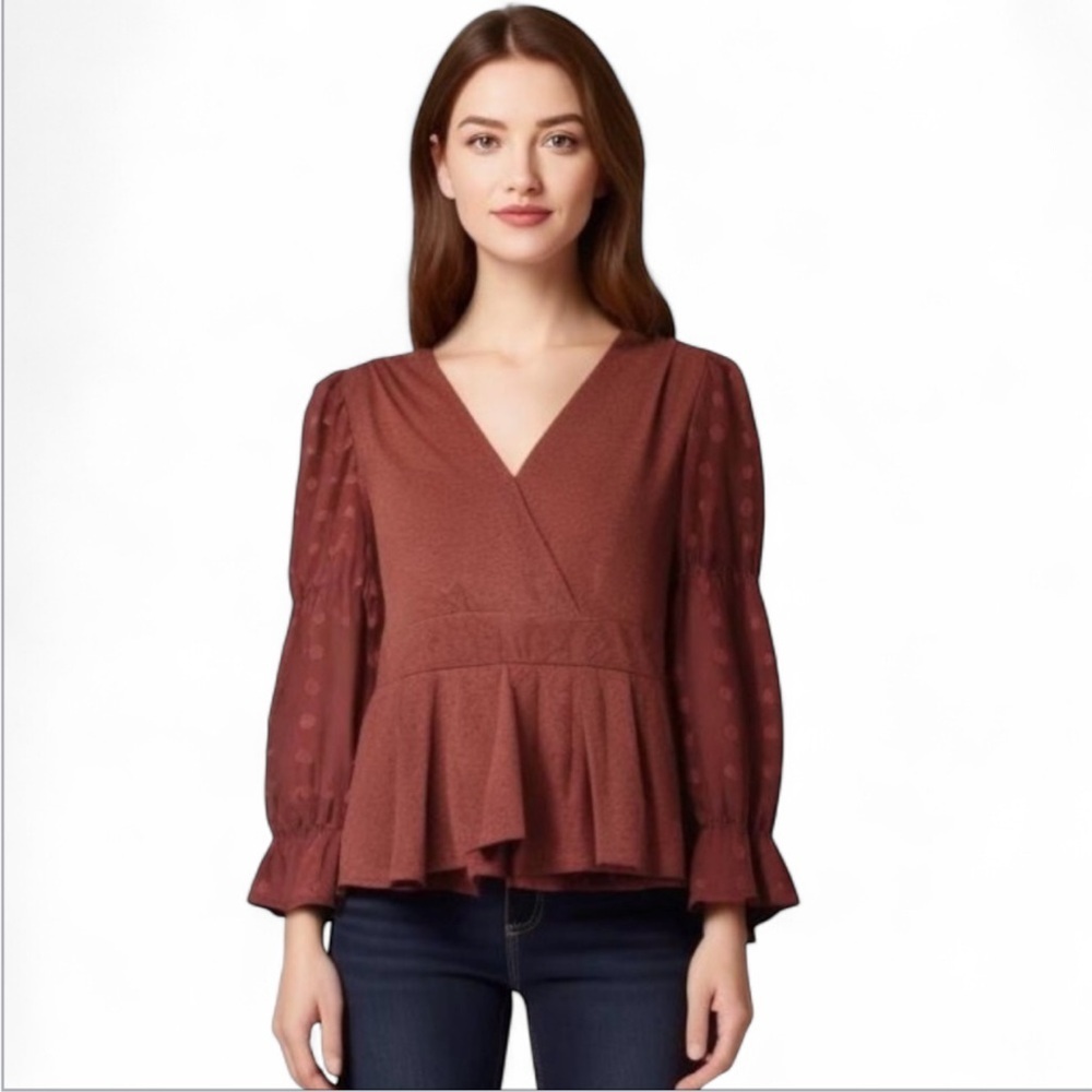Anthropologie Ember Maroon Long Sleeve Textured Peplum Blouse Small